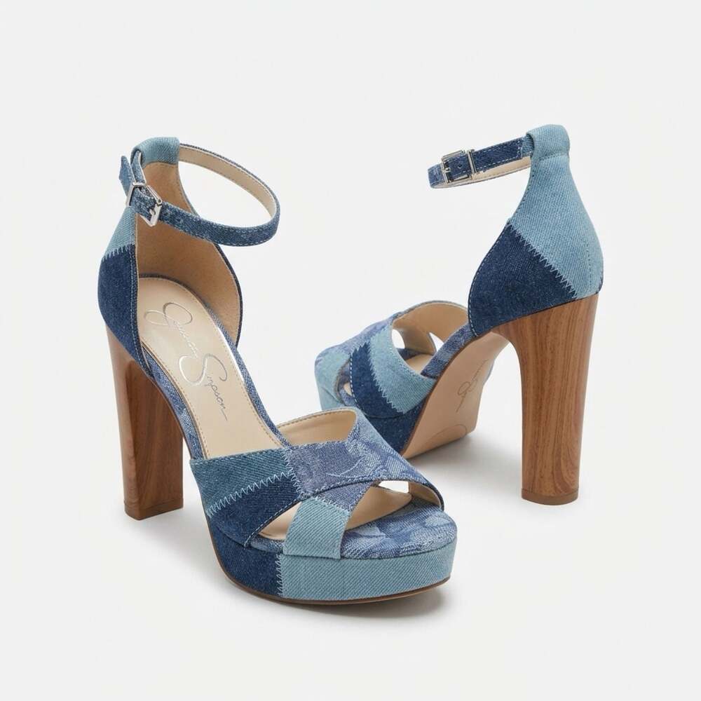 Jessica Simpson Patchwork Denim Platform Block Heel Sandals